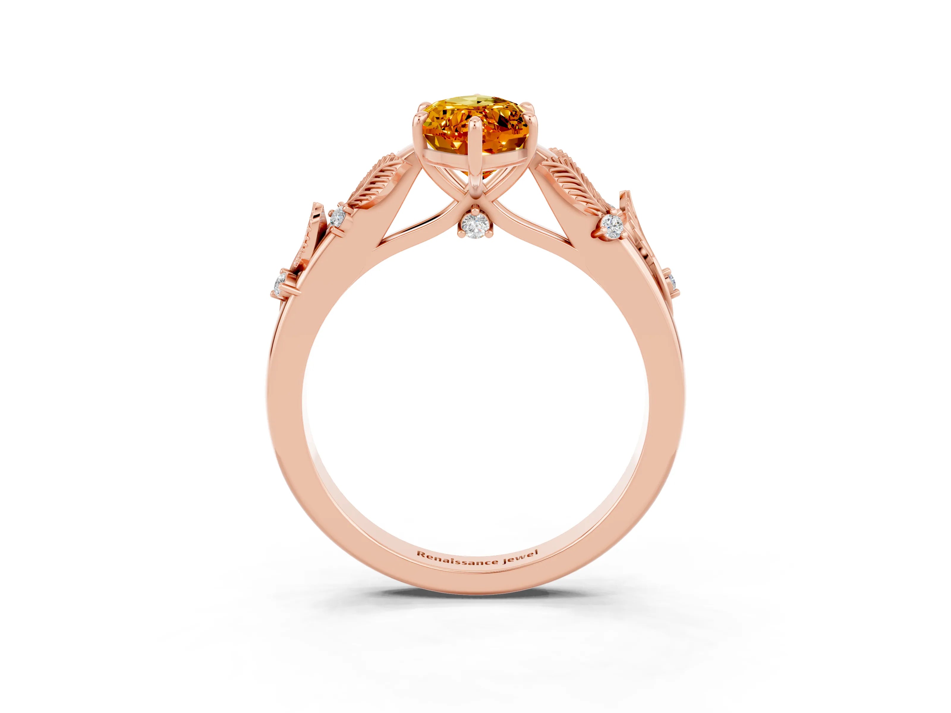 Rose gold Marquise Cut Citrine Solitaire Ring with Leaf Motif Band and Four-Prong Setting_3
