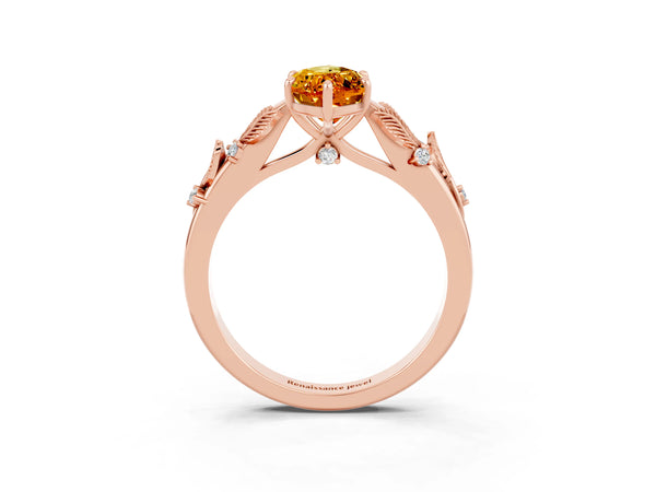 Rose gold Marquise Cut Citrine Solitaire Ring with Leaf Motif Band and Four-Prong Setting