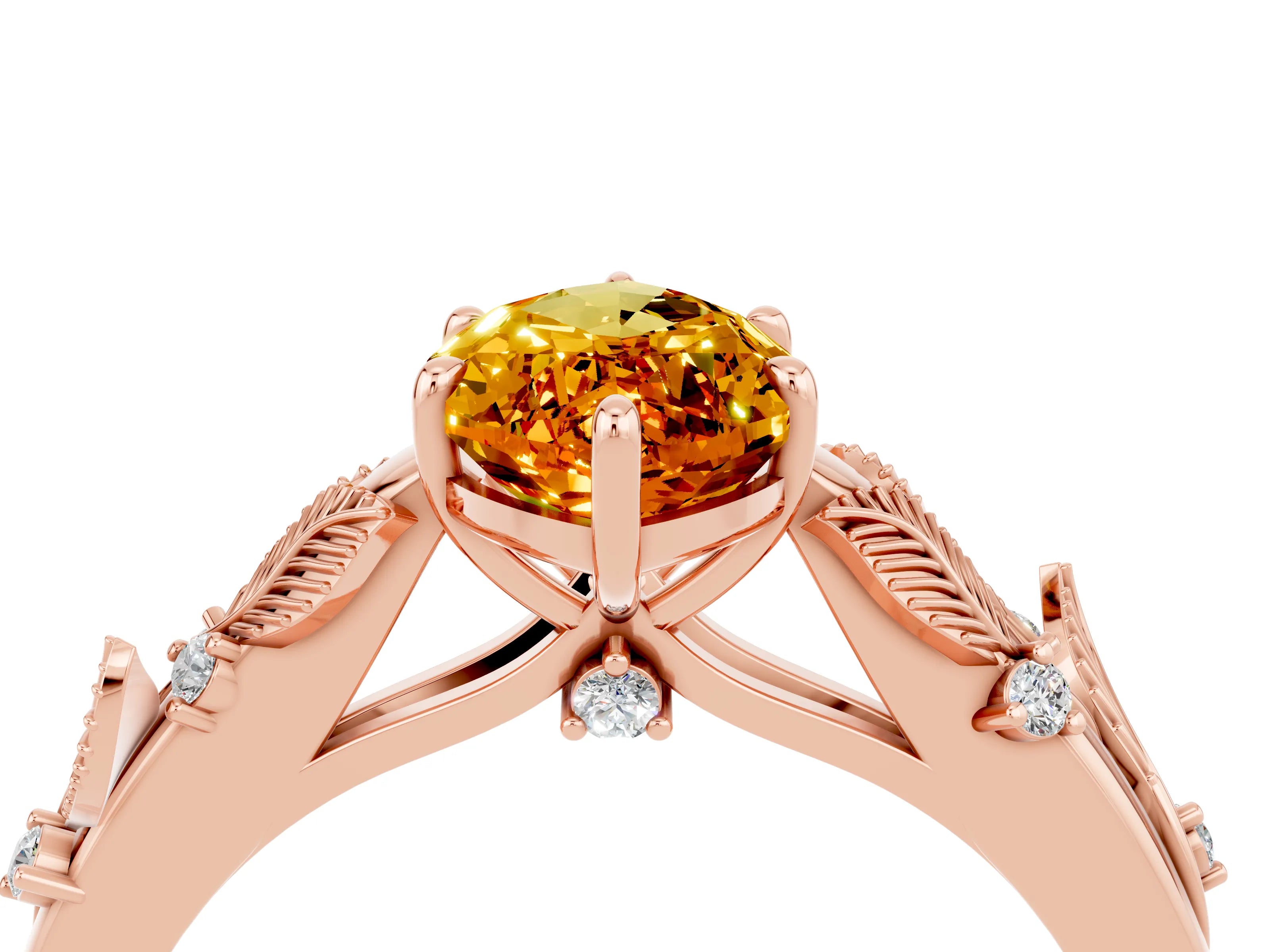 Rose gold Marquise Cut Citrine Solitaire Ring with Leaf Motif Band and Four-Prong Setting_4
