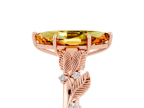 Rose gold Marquise Cut Citrine Solitaire Ring with Leaf Motif Band and Four-Prong Setting_5