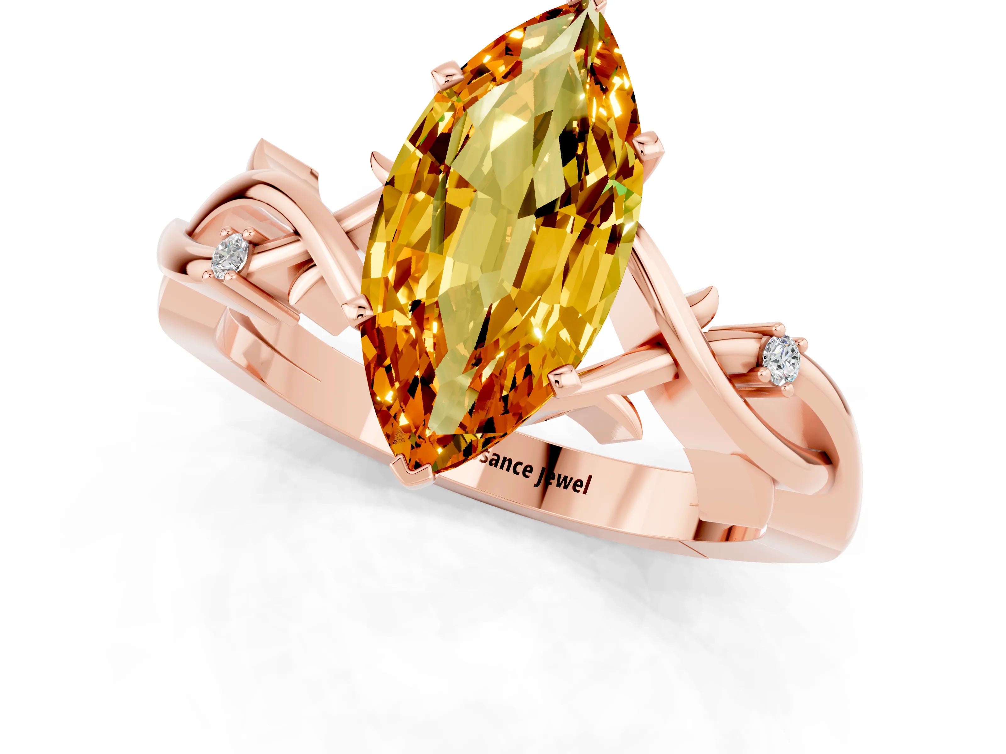 Rose gold Marquise Cut Citrine Solitaire Ring with Milgrain Pavé Band and Four-Prong Setting_13
