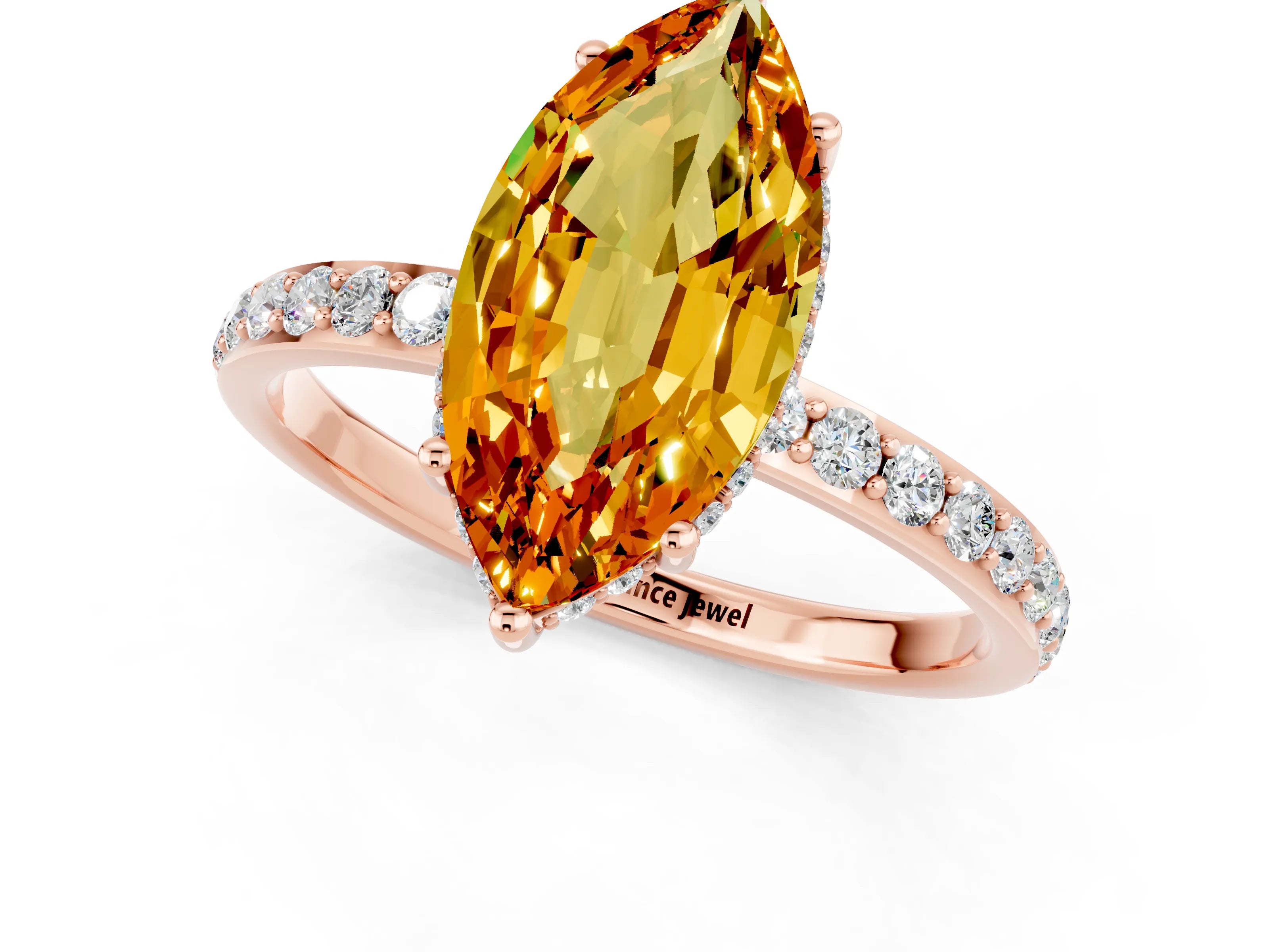 Rose gold Marquise Cut Citrine Solitaire Ring with Pavé Band and Hidden Halo_13