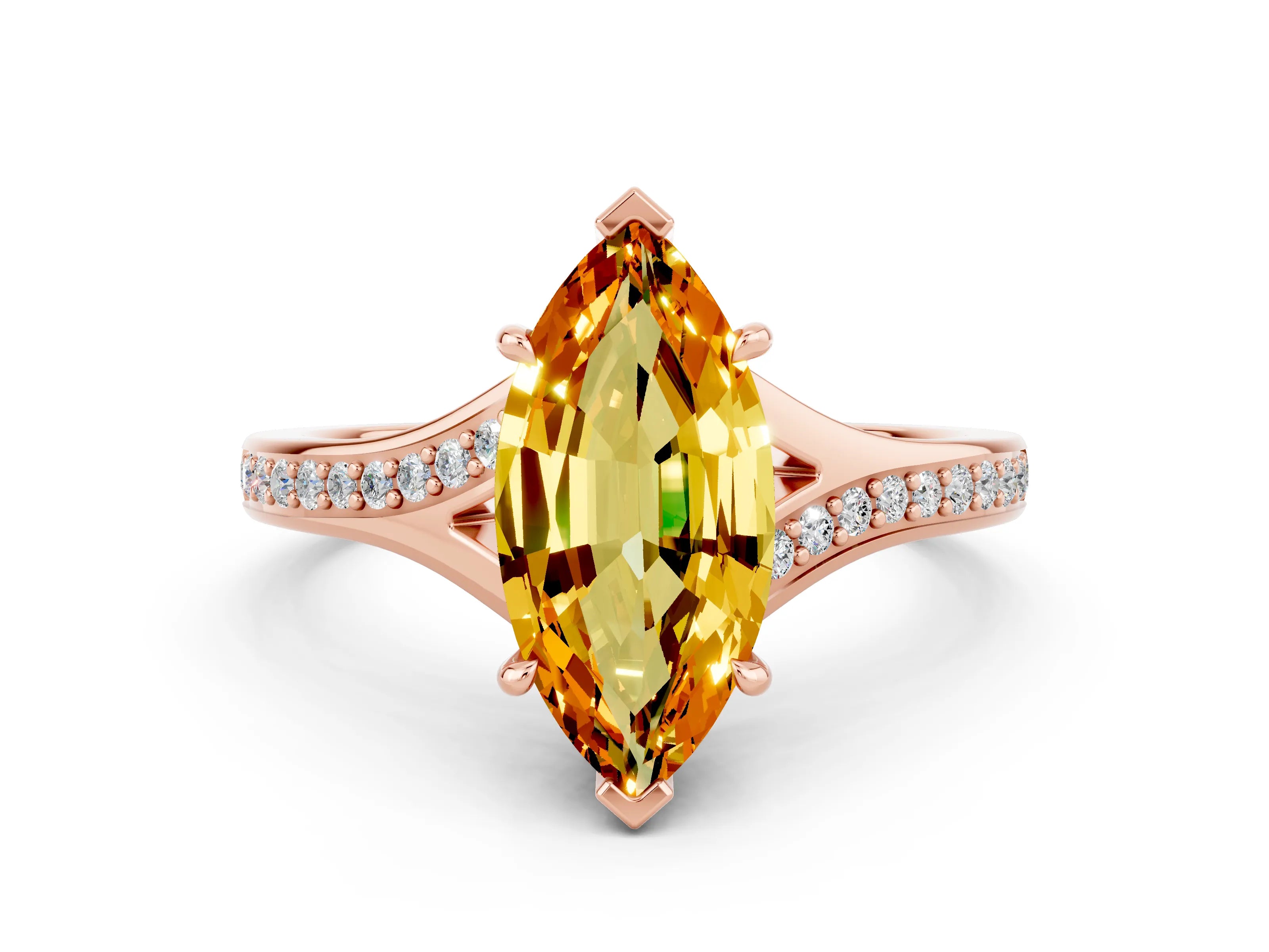 Rose gold Marquise Cut Citrine Solitaire Ring with Pavé Band and Prong Setting_12