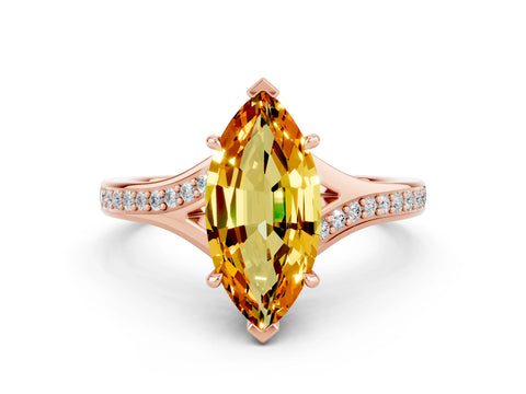 Rose gold Marquise Cut Citrine Solitaire Ring with Pavé Band and Prong Setting_12