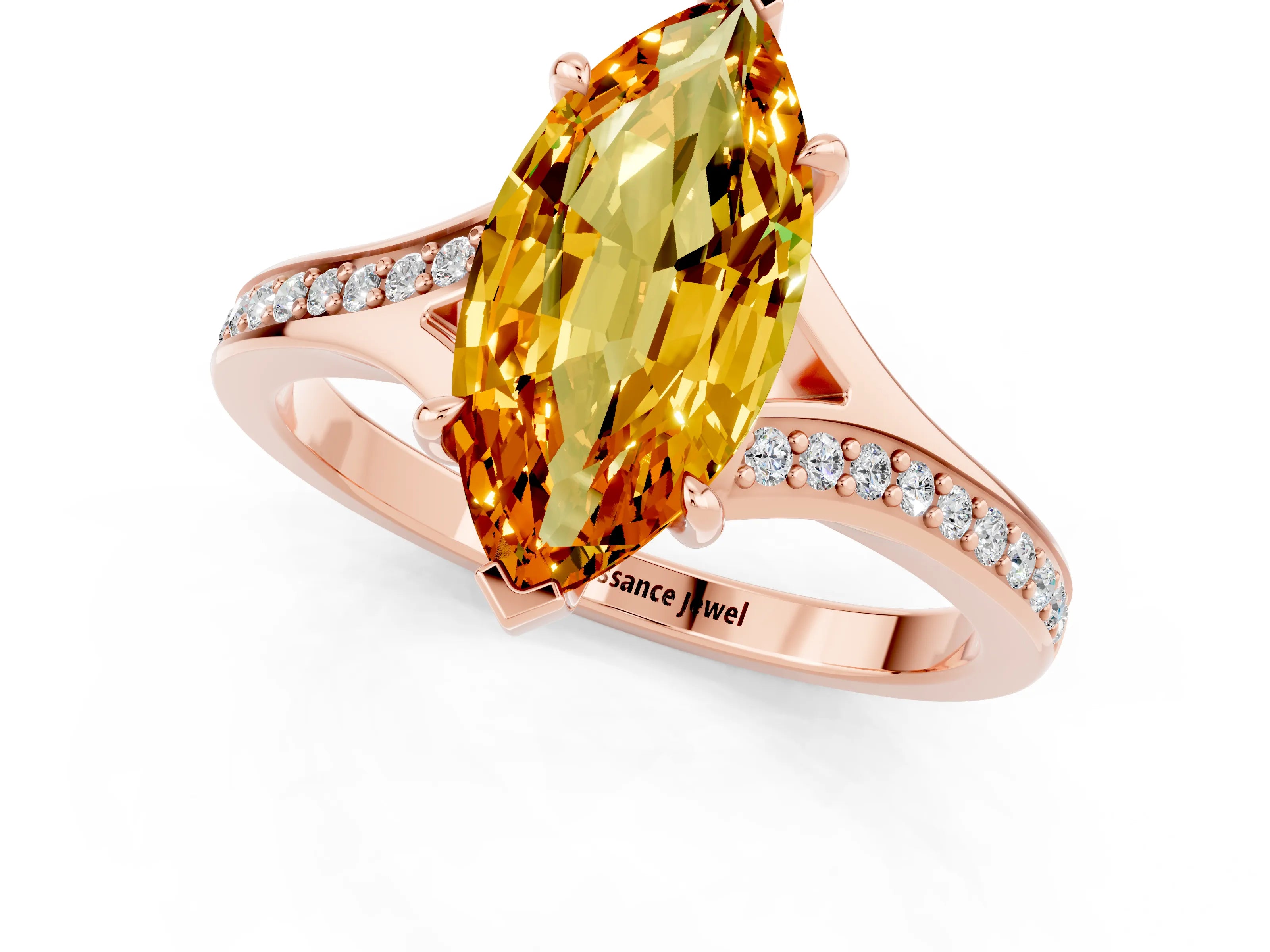 Rose gold Marquise Cut Citrine Solitaire Ring with Pavé Band and Prong Setting_13