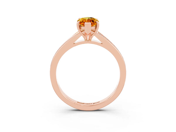 Rose gold Marquise Cut Citrine Solitaire Ring with Pavé Band and Prong Setting