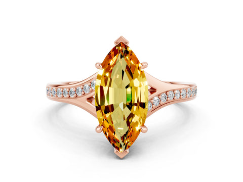 Rose gold Marquise Cut Citrine Solitaire Ring with Pavé Band and Prong Setting