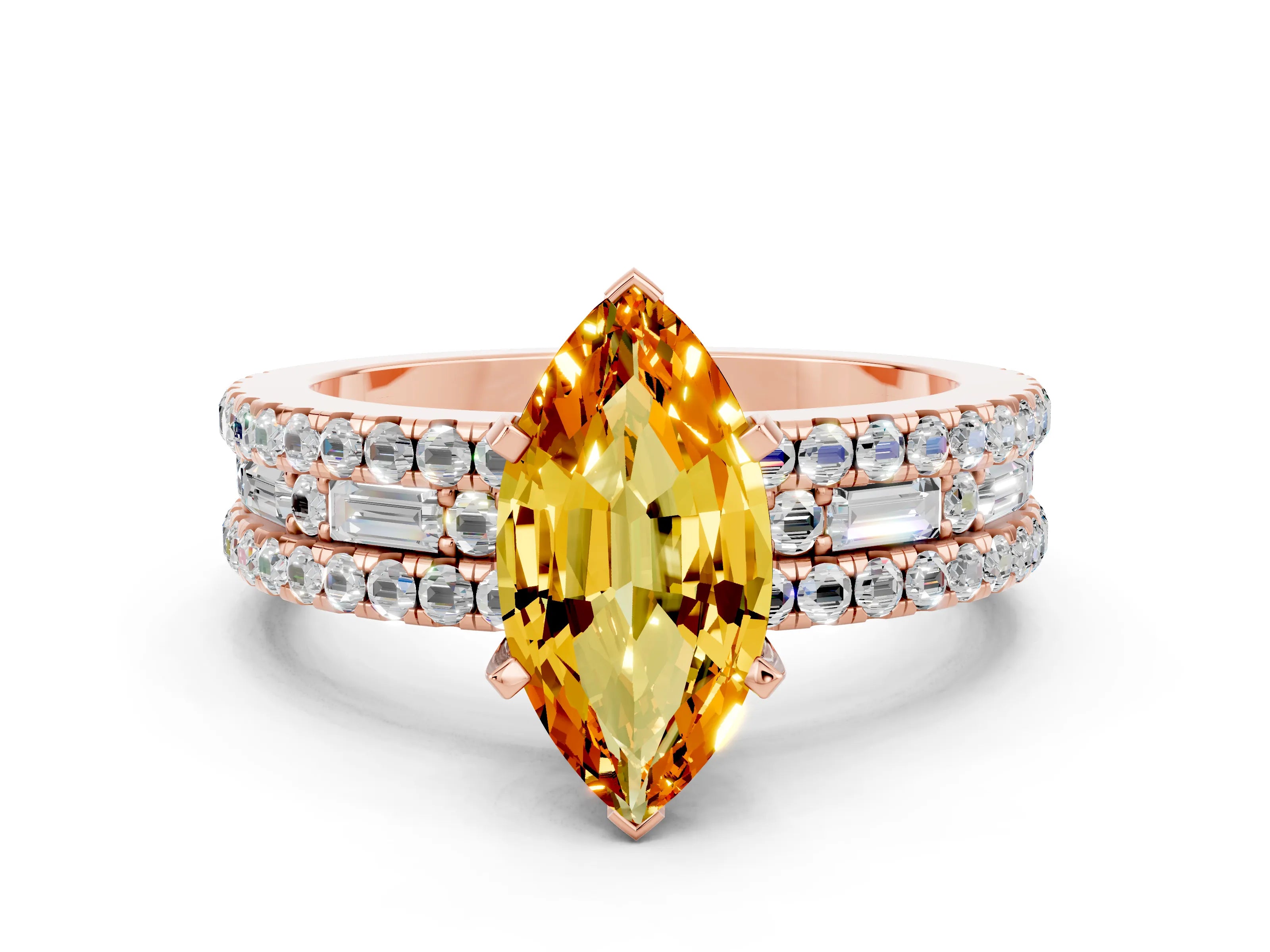 Rose gold Marquise Cut Citrine Solitaire Ring with Pavé and Channel Set Band