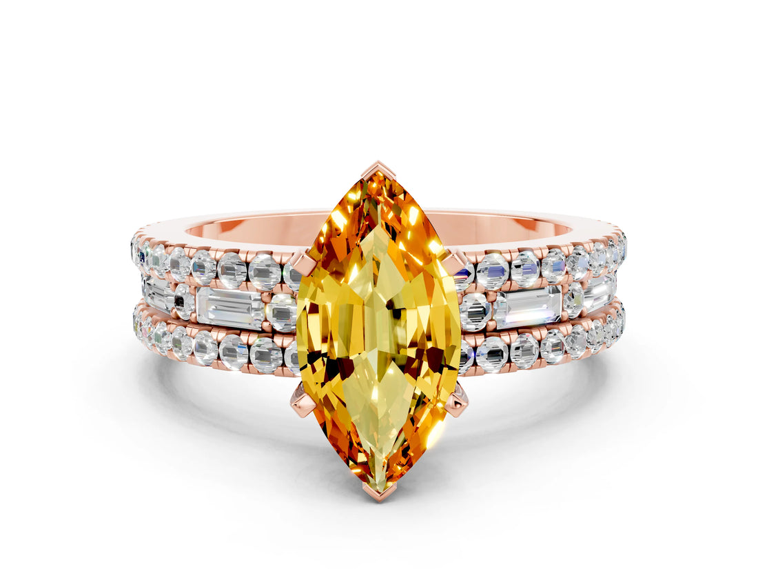 Rose gold Marquise Cut Citrine Solitaire Ring with Pavé and Channel Set Band