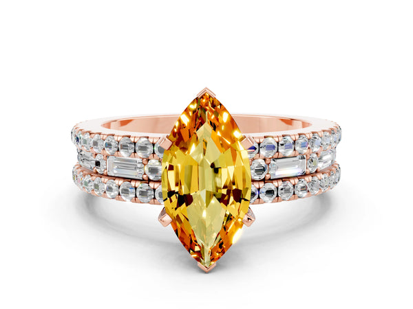 Rose gold Marquise Cut Citrine Solitaire Ring with Pavé and Channel Set Band