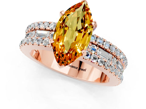 Rose gold Marquise Cut Citrine Solitaire Ring with Pavé and Channel Set Band_1