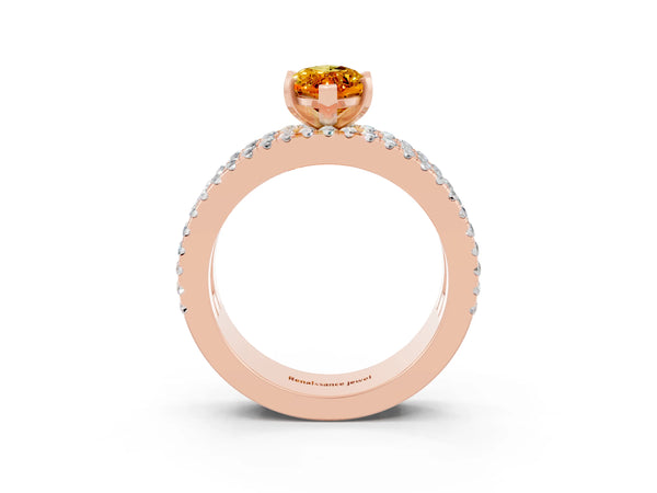 Rose gold Marquise Cut Citrine Solitaire Ring with Pavé and Channel Set Band