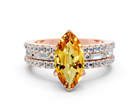 Rose gold Marquise Cut Citrine Solitaire Ring with Pavé and Channel Set Band