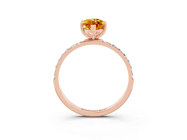 Rose gold Marquise Cut Citrine Solitaire Ring with Round  Pavé Band and Prong Setting