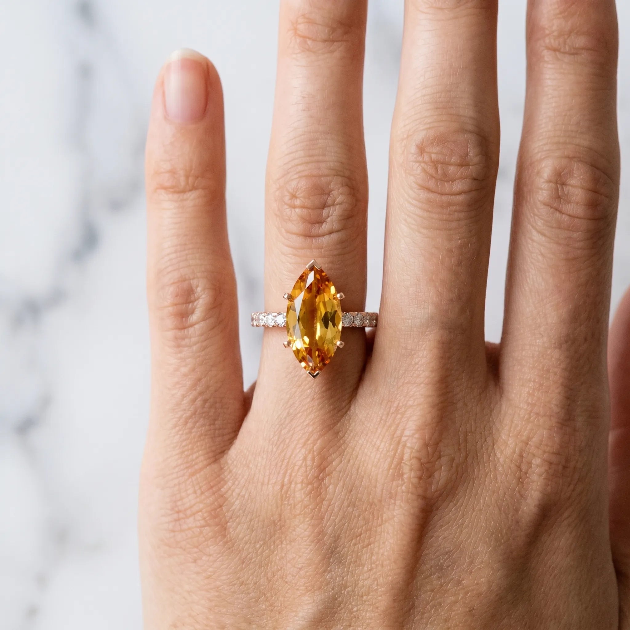 Rose gold Marquise Cut Citrine Solitaire Ring with Round  Pavé Band and Four-Prong Setting_42