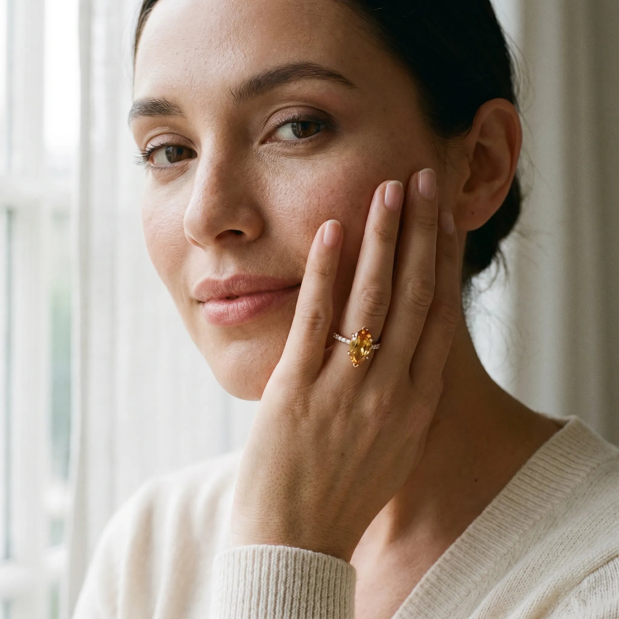 Rose gold Marquise Cut Citrine Solitaire Ring with Round  Pavé Band and Four-Prong Setting_43