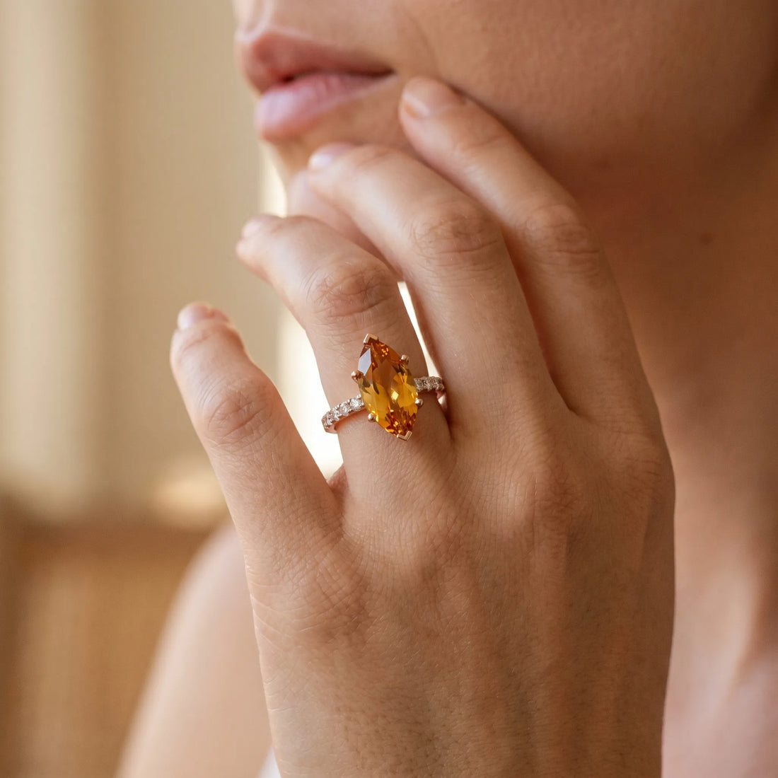 Rose gold Marquise Cut Citrine Solitaire Ring with Round  Pavé Band and Four-Prong Setting_44