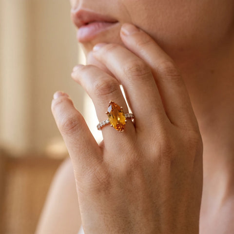Rose gold Marquise Cut Citrine Solitaire Ring with Round  Pavé Band and Four-Prong Setting_44
