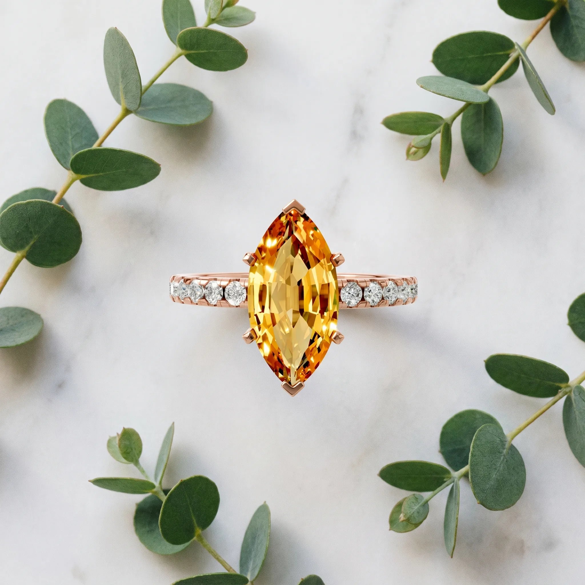 Rose gold Marquise Cut Citrine Solitaire Ring with Round  Pavé Band and Four-Prong Setting_45