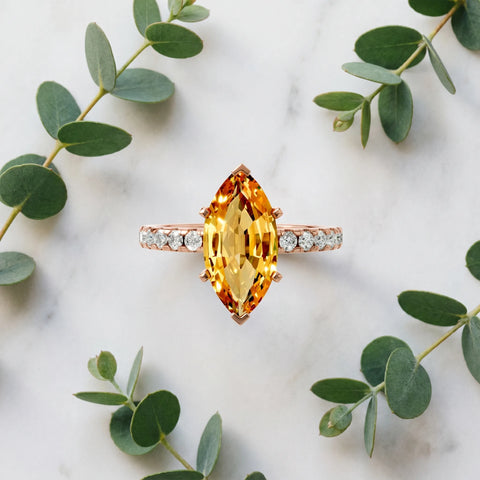 Rose gold Marquise Cut Citrine Solitaire Ring with Round  Pavé Band and Four-Prong Setting_45