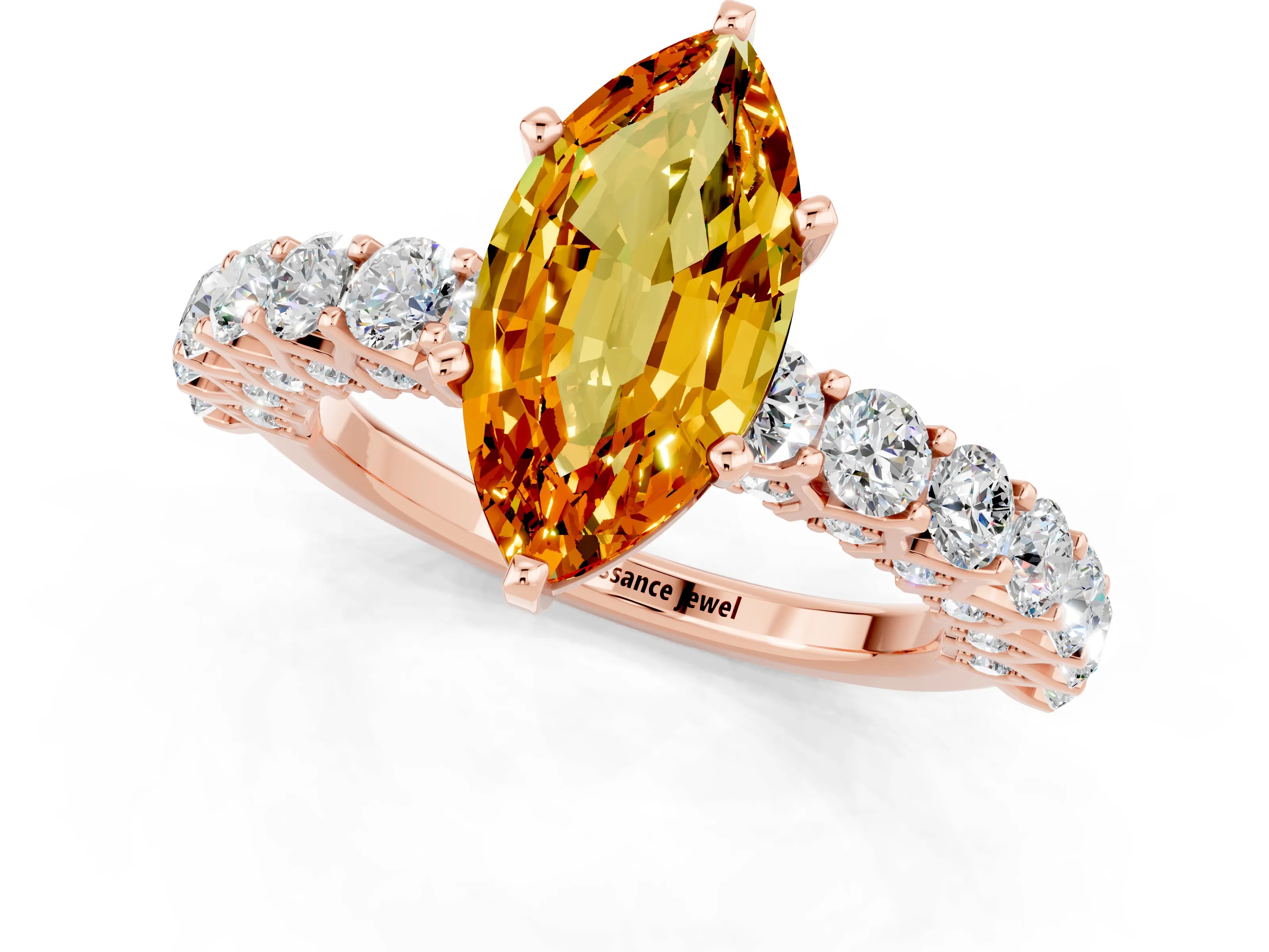 Rose gold Marquise Cut Citrine Solitaire Ring with Shared Prong Pavé Band and Four-Prong Setting_1