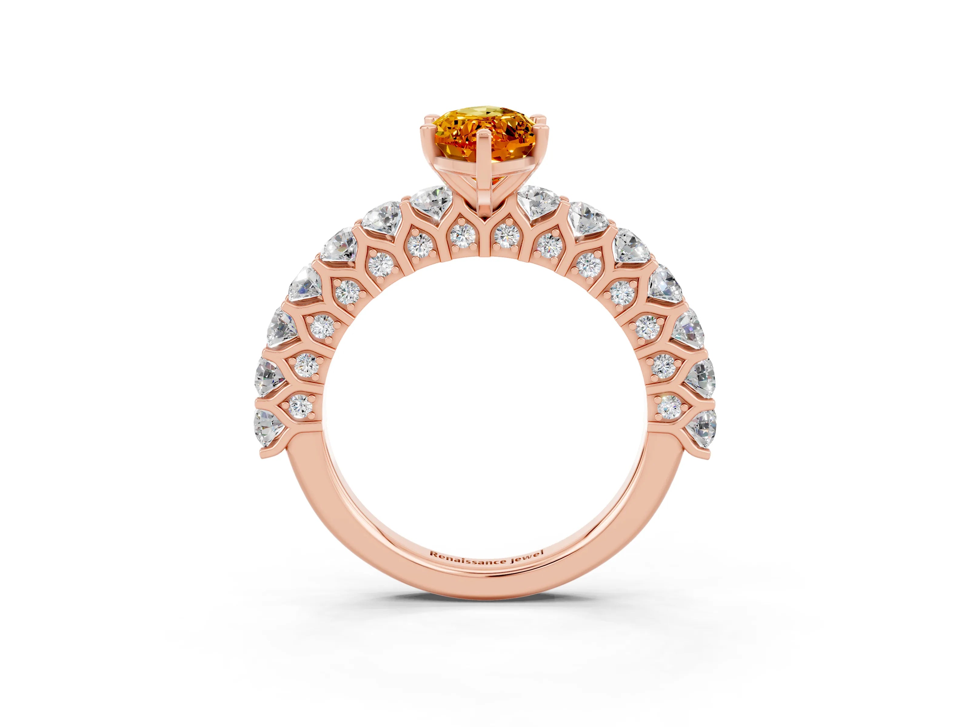 Rose gold Marquise Cut Citrine Solitaire Ring with Shared Prong Pavé Band and Four-Prong Setting_3