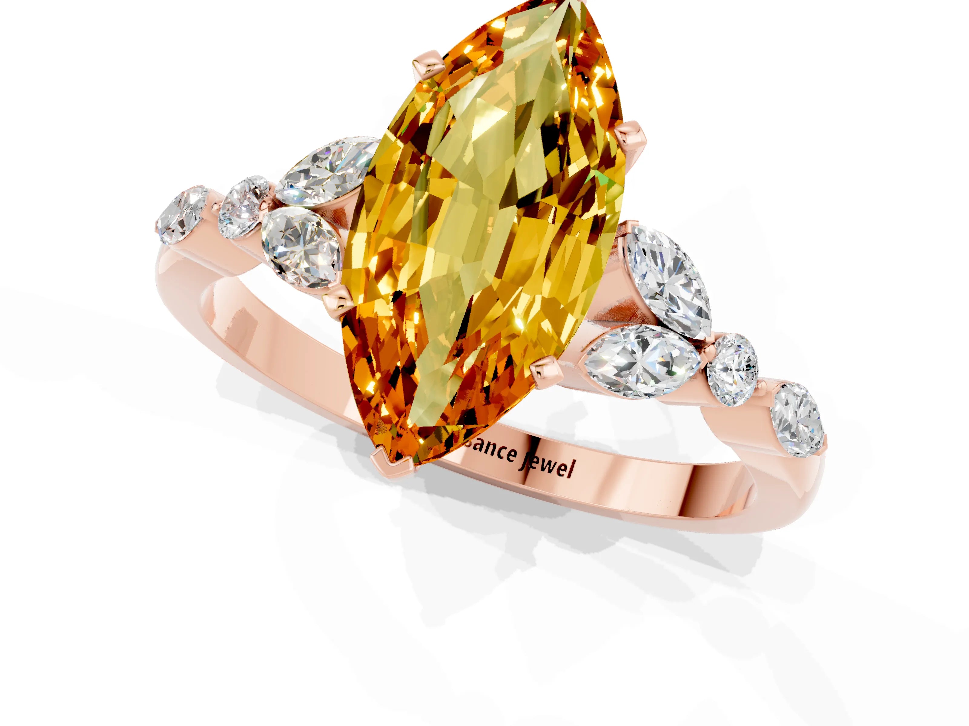 Rose gold Marquise Cut Citrine Solitaire Ring with Side Stones and Four-Prong Setting_13
