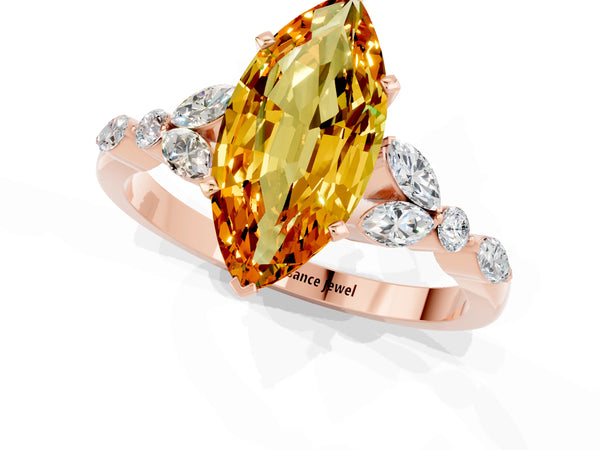Rose gold Marquise Cut Citrine Solitaire Ring with Side Stones and Four-Prong Setting