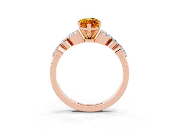 Rose gold Marquise Cut Citrine Solitaire Ring with Side Stones and Four-Prong Setting