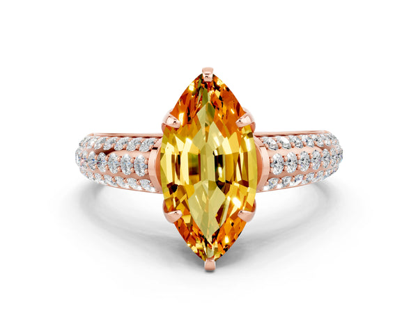 Rose gold Marquise Cut Citrine Solitaire Ring with Three-Row Pavé Band and Four-Prong Setting
