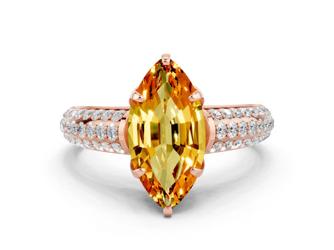 Rose gold Marquise Cut Citrine Solitaire Ring with Three-Row Pavé Band and Four-Prong Setting_12
