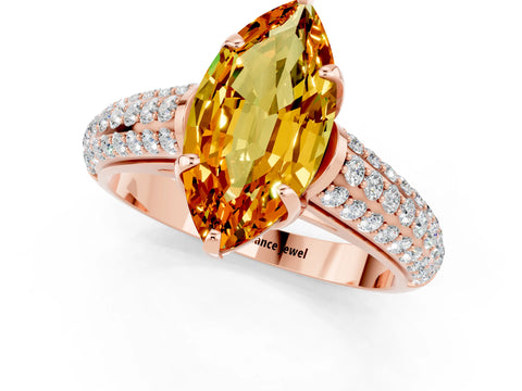 Rose gold Marquise Cut Citrine Solitaire Ring with Three-Row Pavé Band and Four-Prong Setting_13