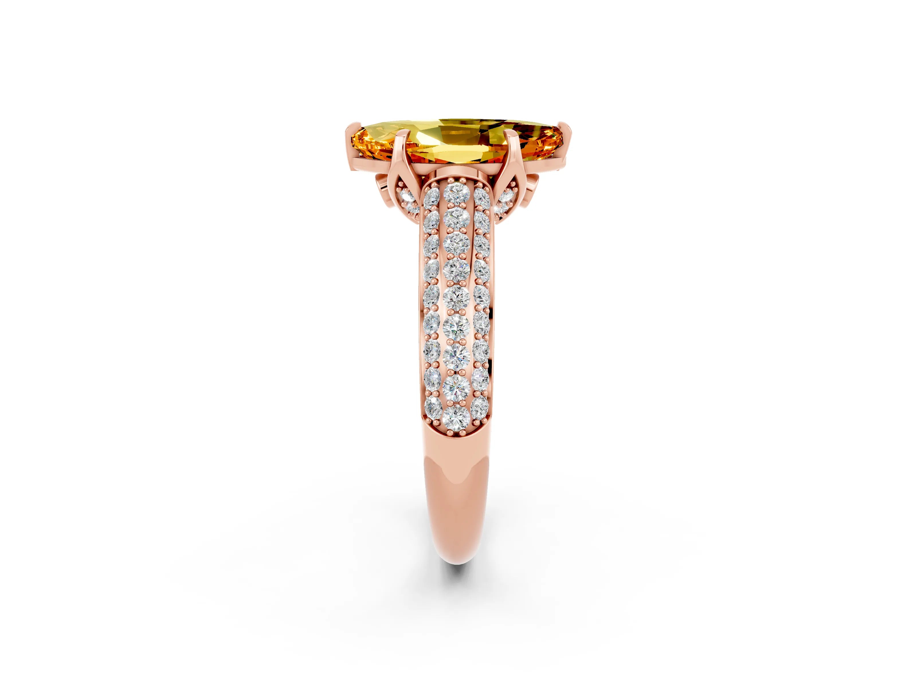 Rose gold Marquise Cut Citrine Solitaire Ring with Three-Row Pavé Band and Four-Prong Setting_14