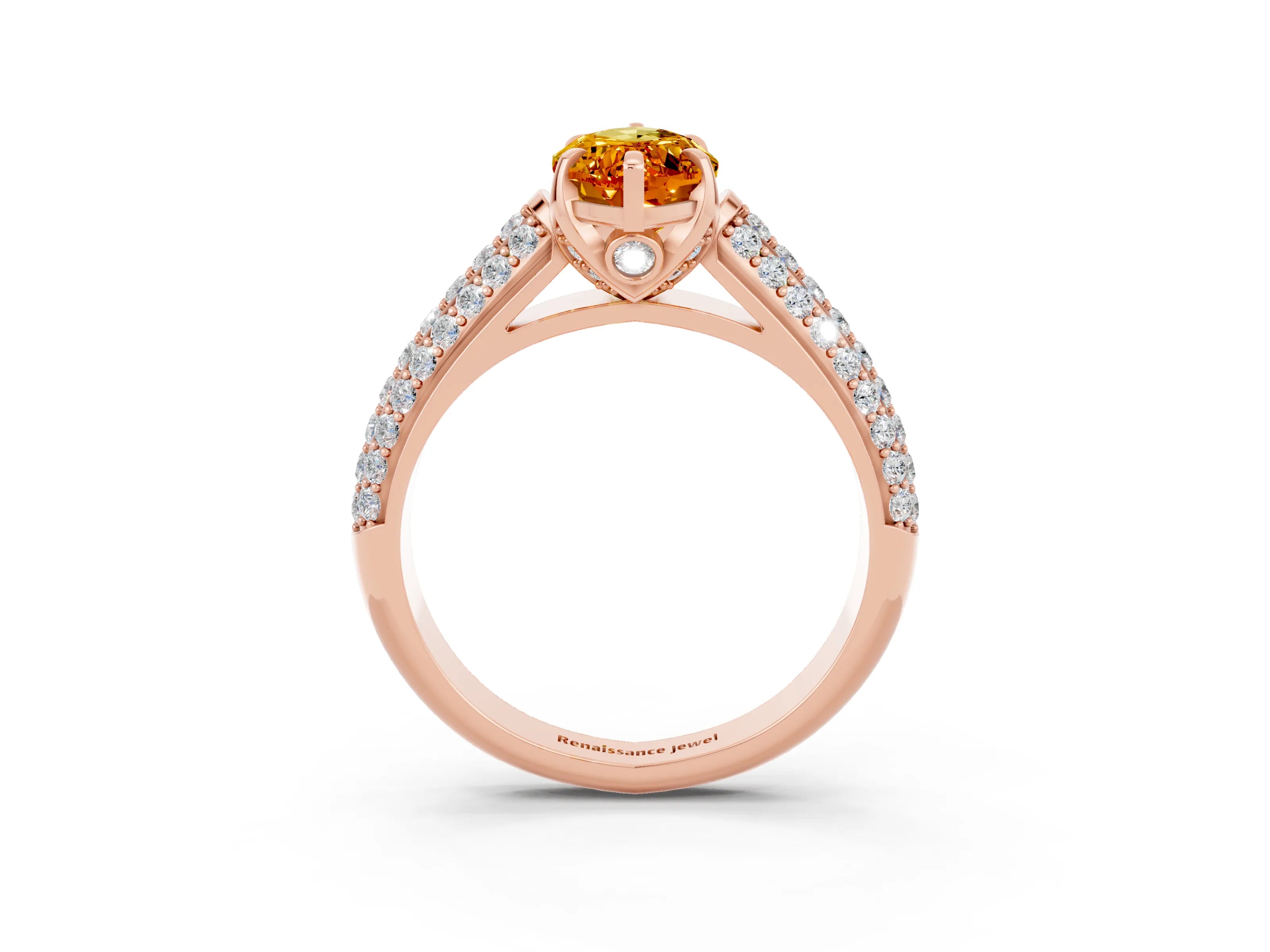 Rose gold Marquise Cut Citrine Solitaire Ring with Three-Row Pavé Band and Four-Prong Setting_15