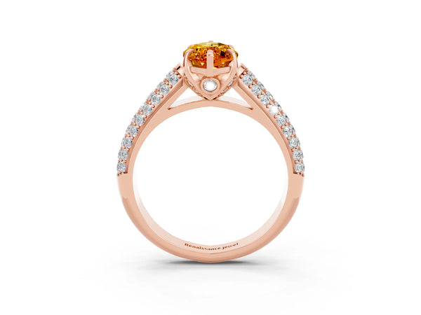Rose gold Marquise Cut Citrine Solitaire Ring with Three-Row Pavé Band and Four-Prong Setting