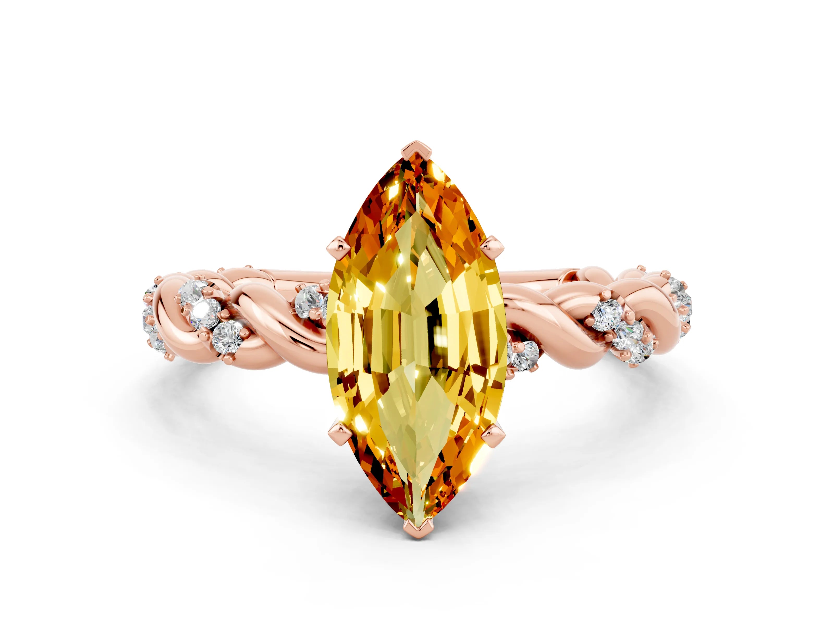 Rose gold Marquise Cut Citrine Solitaire Ring with Twisted Band and Pavé Accents
