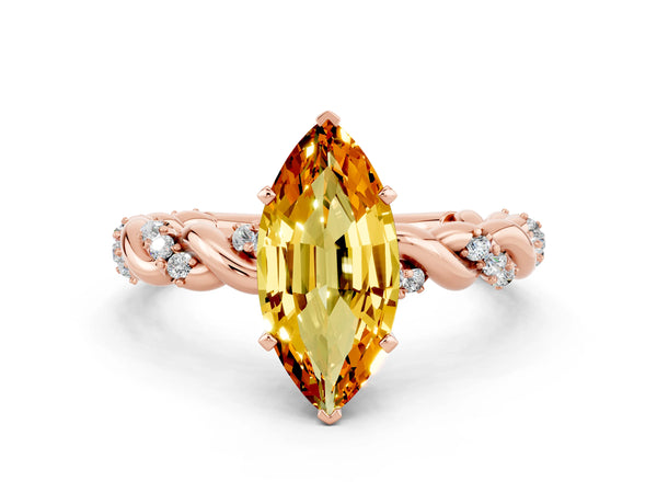 Rose gold Marquise Cut Citrine Solitaire Ring with Twisted Band and Pavé Accents