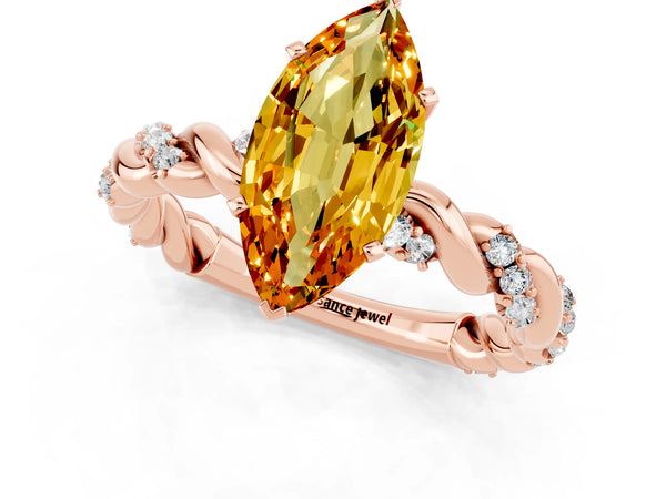 Rose gold Marquise Cut Citrine Solitaire Ring with Twisted Band and Pavé Accents