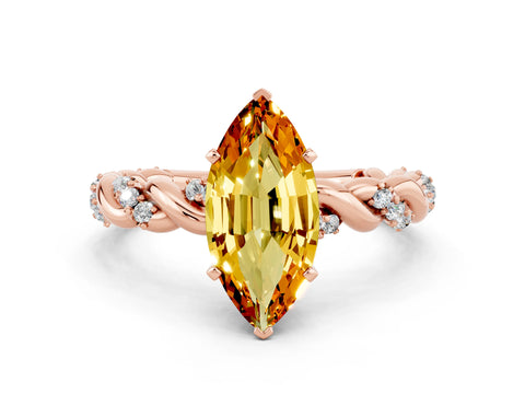 Rose gold Marquise Cut Citrine Solitaire Ring with Twisted Band and Pavé Accents