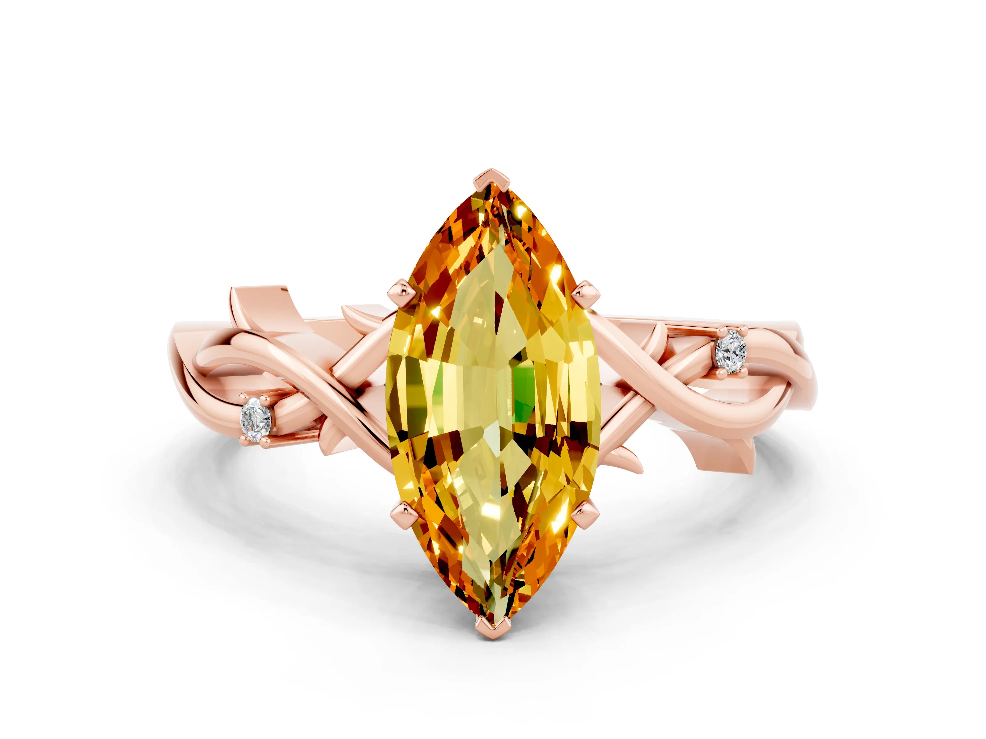 Rose gold Marquise Cut Citrine Solitaire Ring with Twisted Band and Prong Setting