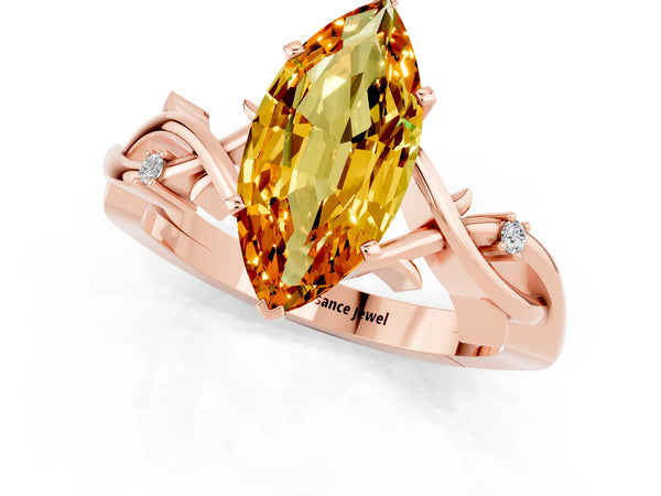 Rose gold Marquise Cut Citrine Solitaire Ring with Twisted Band and Prong Setting