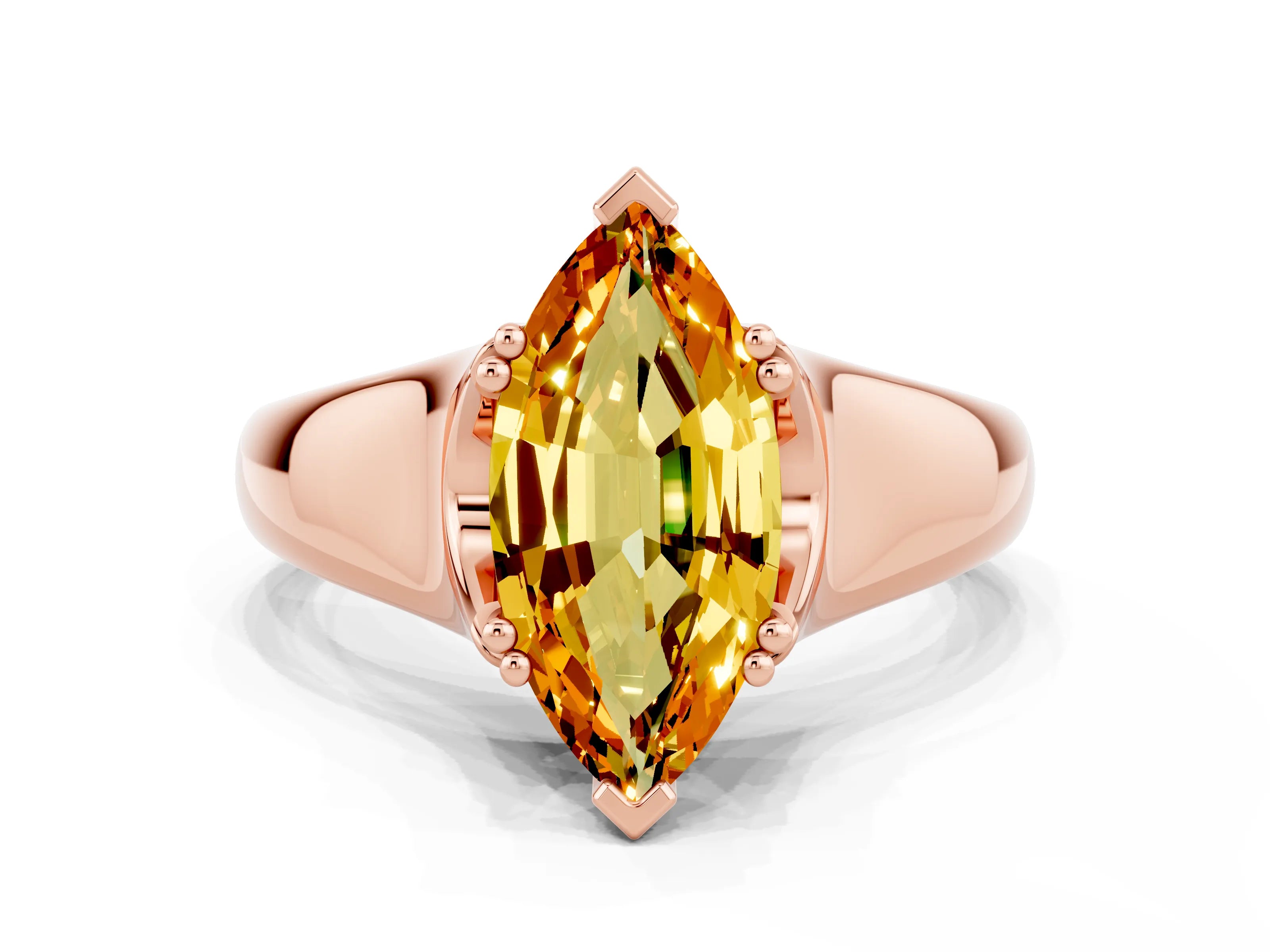 Rose gold Marquise Cut Citrine Solitaire Ring with Wide Band and Prong Setting