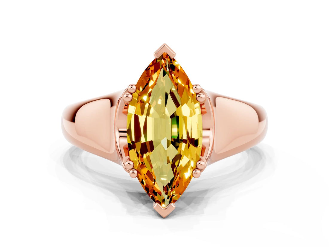 Rose gold Marquise Cut Citrine Solitaire Ring with Wide Band and Prong Setting