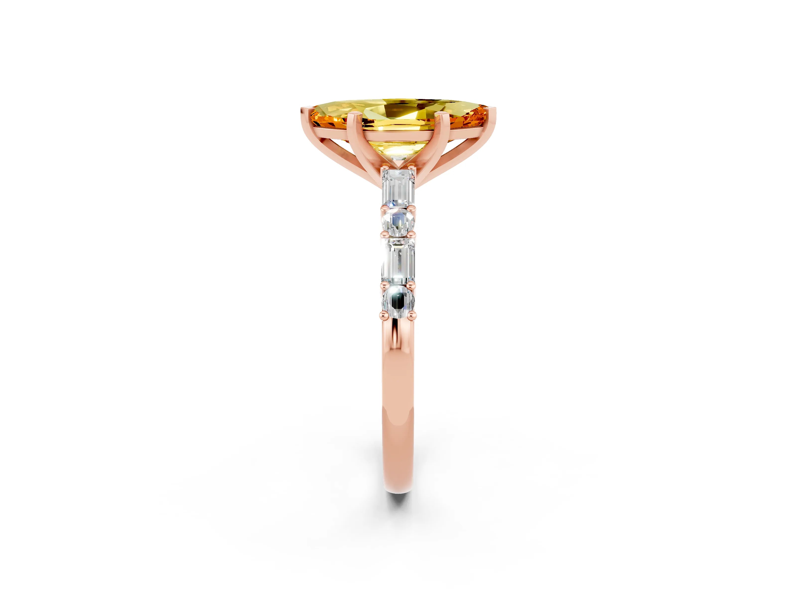 Rose gold Marquise Cut Citrine Solitaire with Side Baguettes and Channel Set Band_2