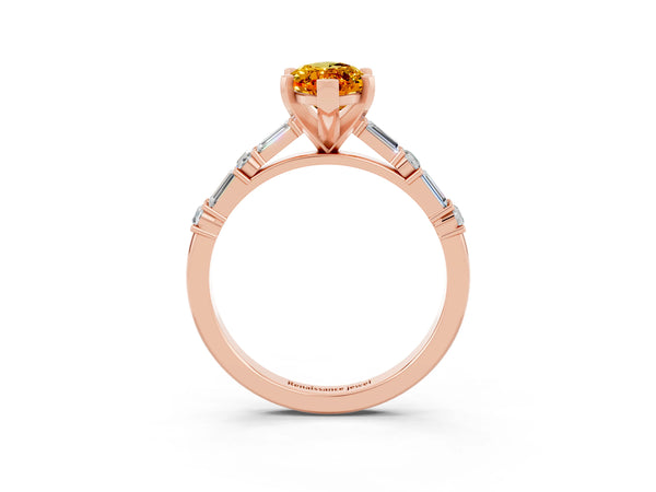 Rose gold Marquise Cut Citrine Solitaire with Side Baguettes and Channel Set Band