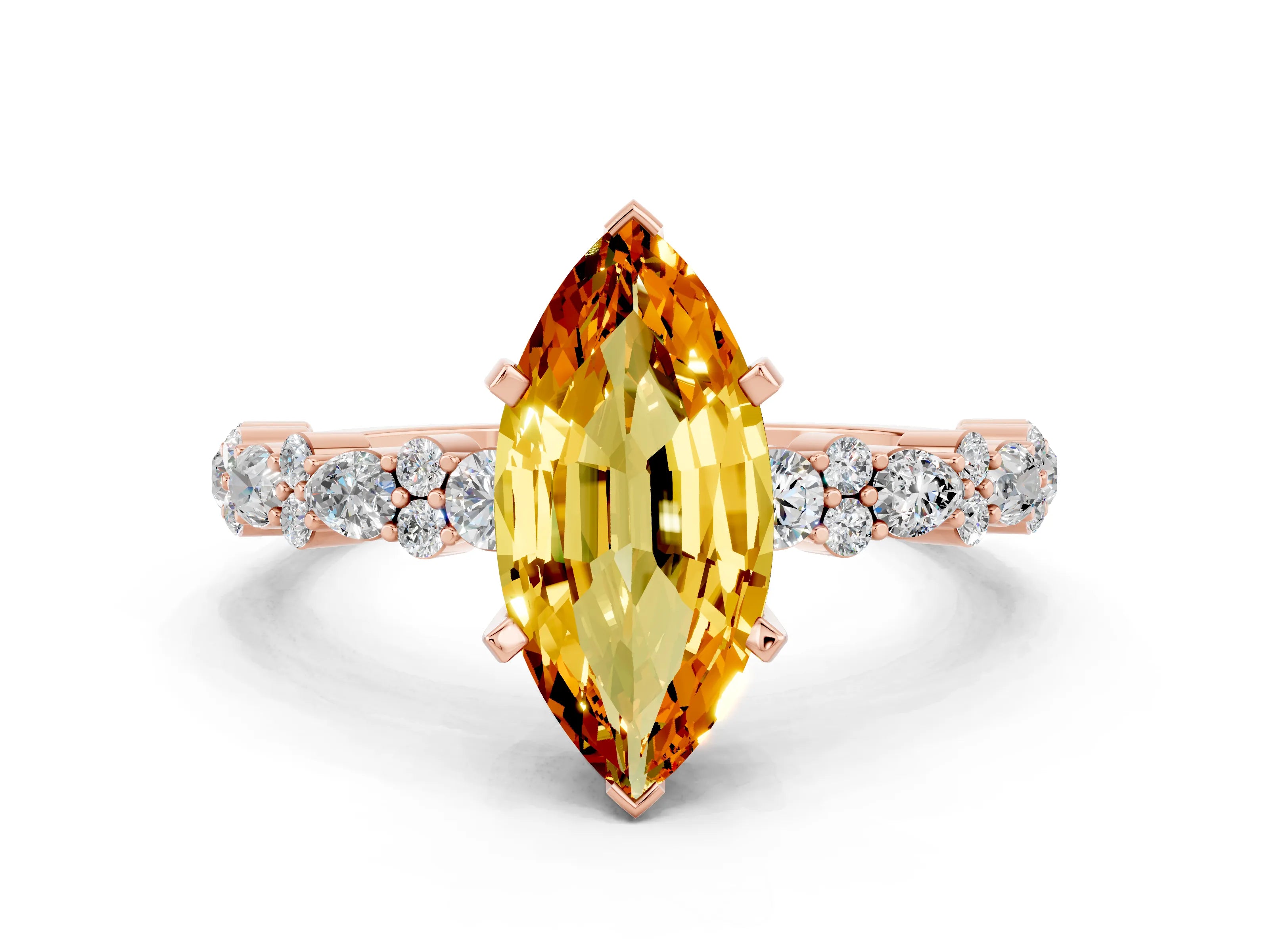 Rose gold Marquise Cut Citrine Solitaire with Side Stones, Pave Band, Four-Prong Setting_24