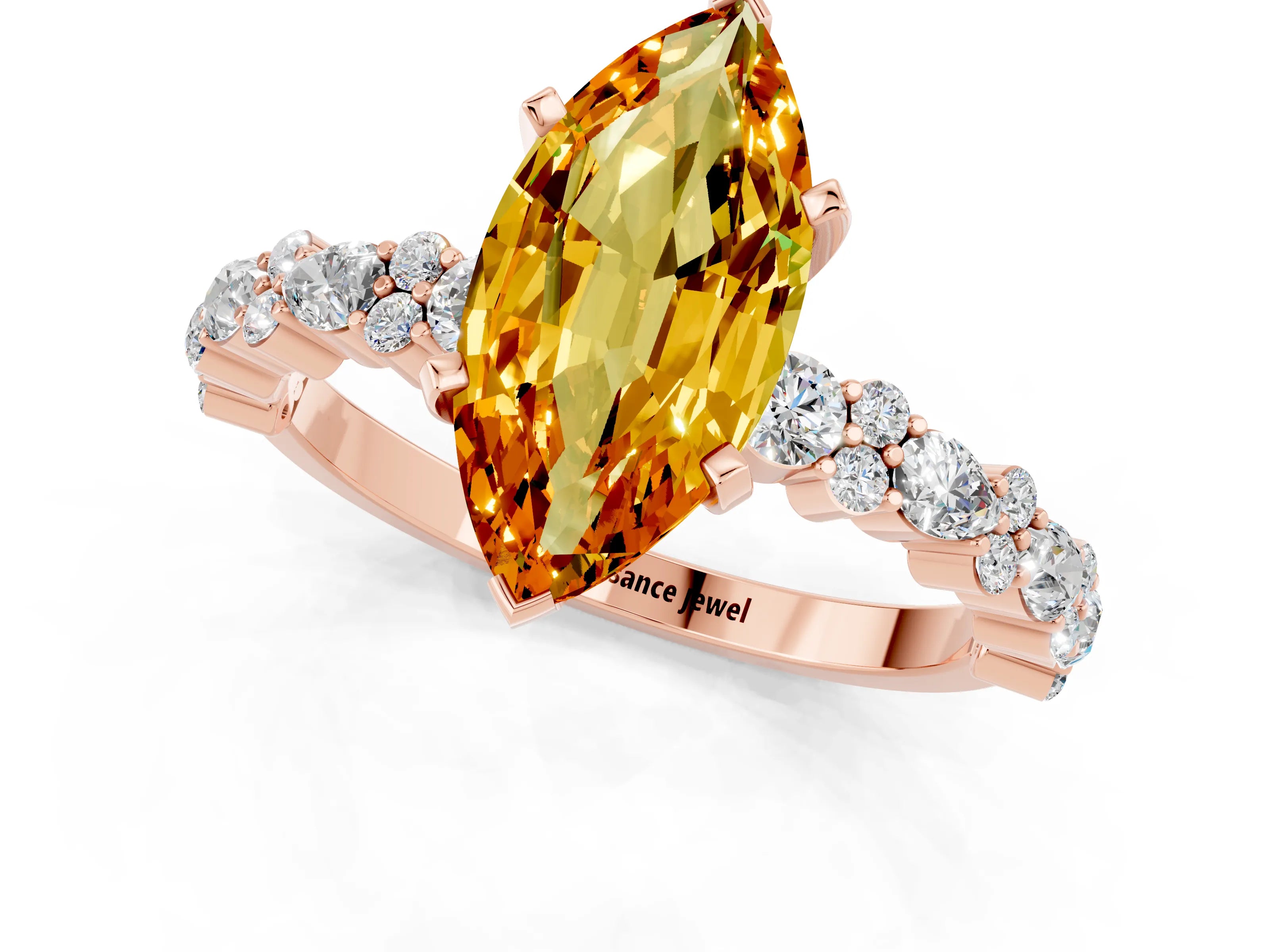 Rose gold Marquise Cut Citrine Solitaire with Side Stones, Pave Band, Four-Prong Setting_25