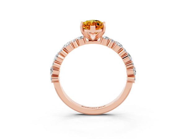 Rose gold Marquise Cut Citrine Side Stone Solitaire Ring with Round  and Four-Prong Setting