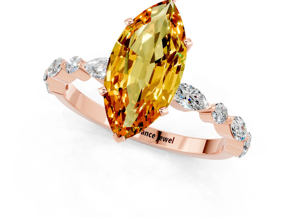 Rose gold Marquise Cut Citrine Ring with Marquise and Round  Side Stones and Four-Prong Setting