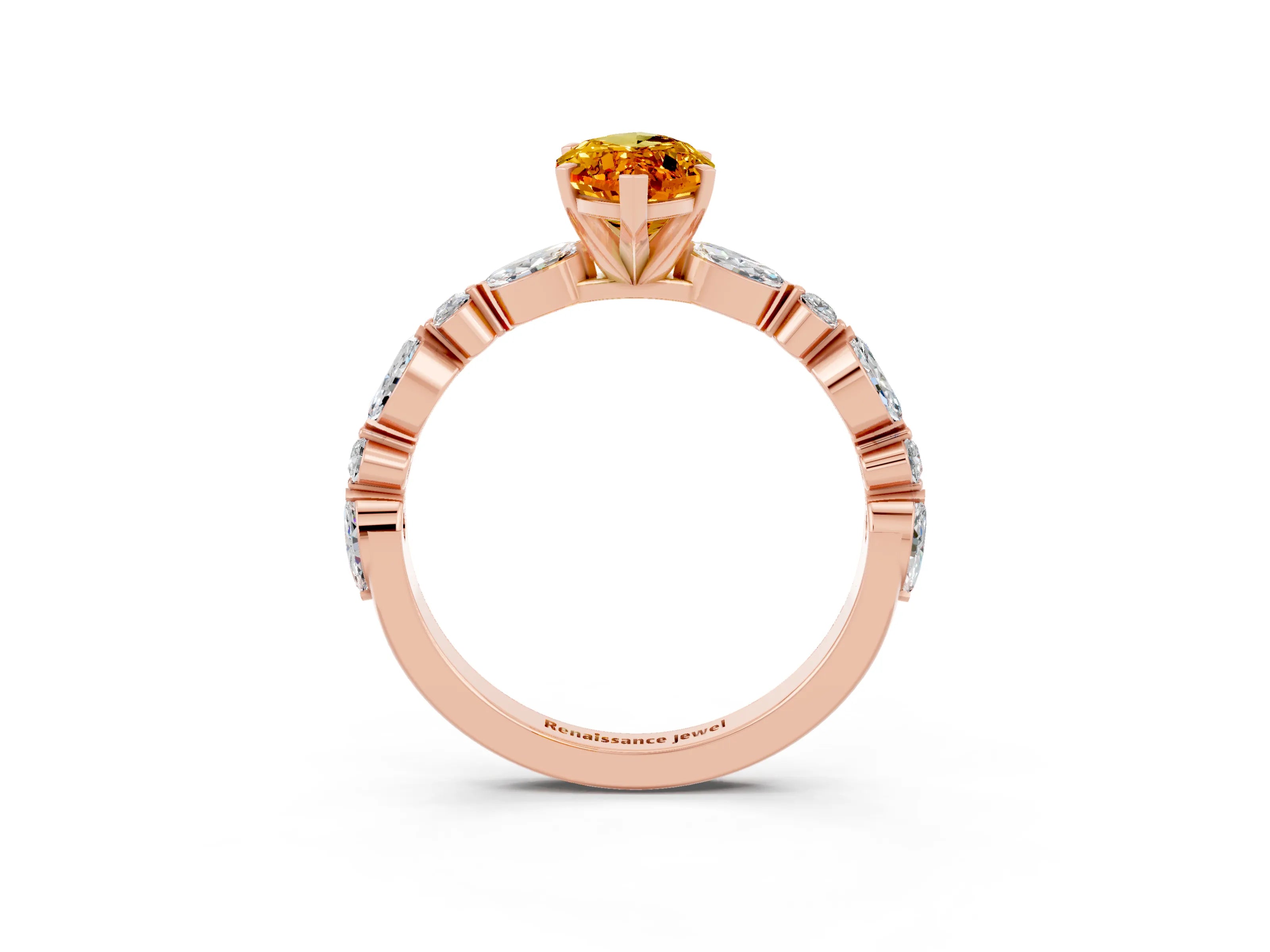 Rose gold Marquise Cut Citrine Solitaire with Side Stones on a Pavé Band and Four-Prong Setting_3